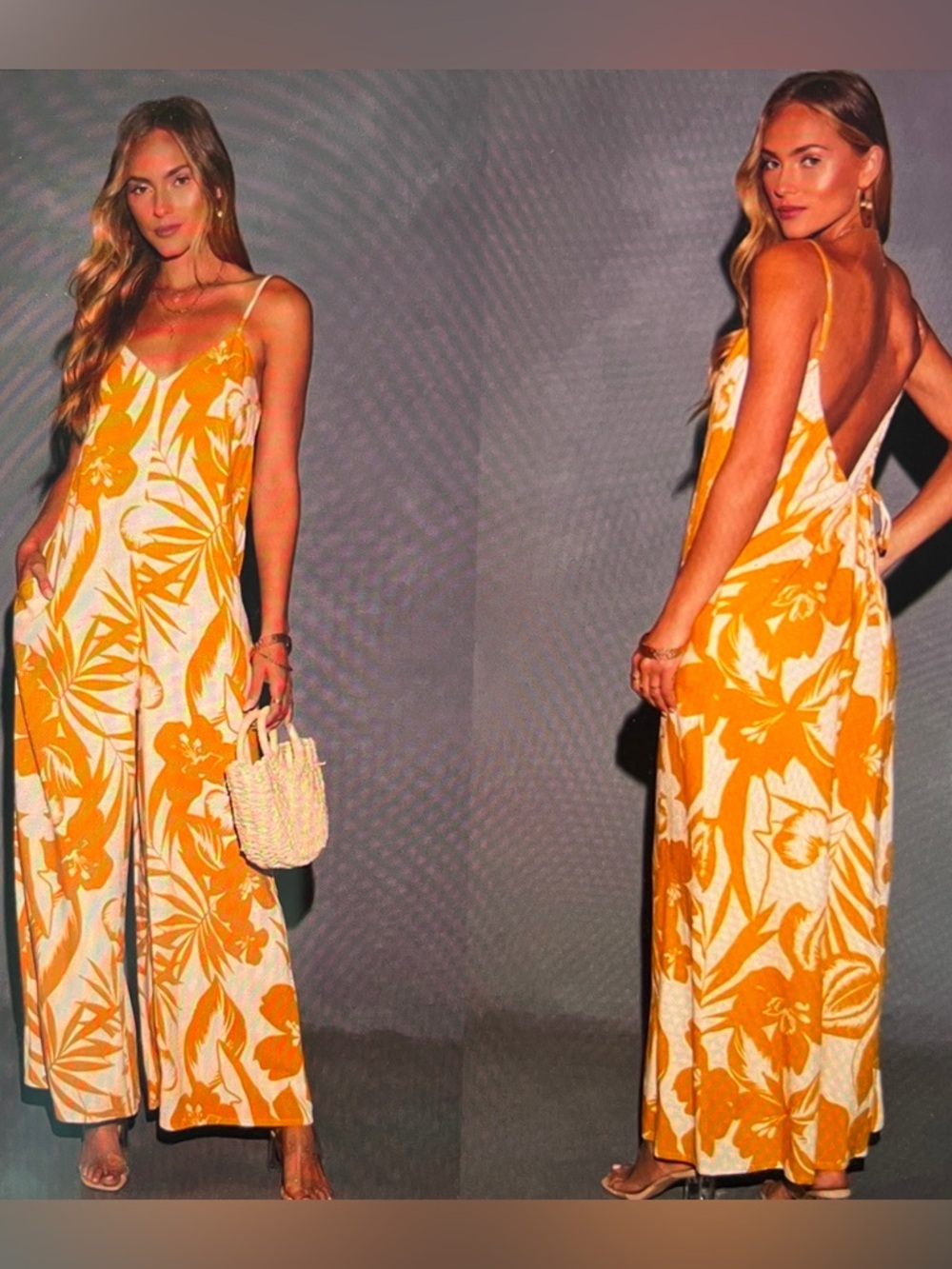 VICI Jumpsuit Women Sz L Waikiki Floral Print Wide Leg Open Back NEW READ
